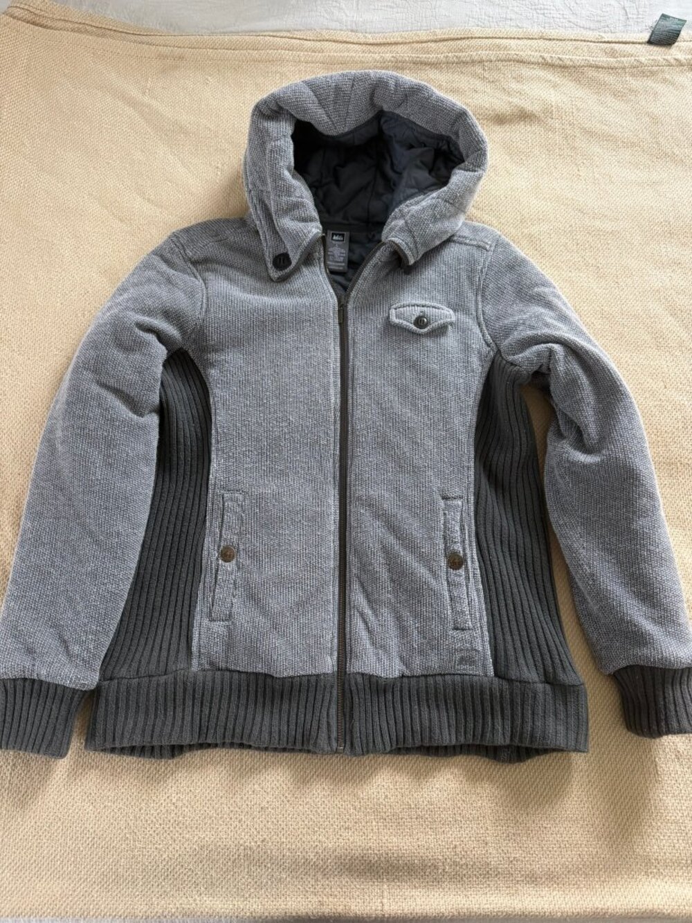 REI Jacket Womens L Heather Gray Hooded Zip Quilted Lining